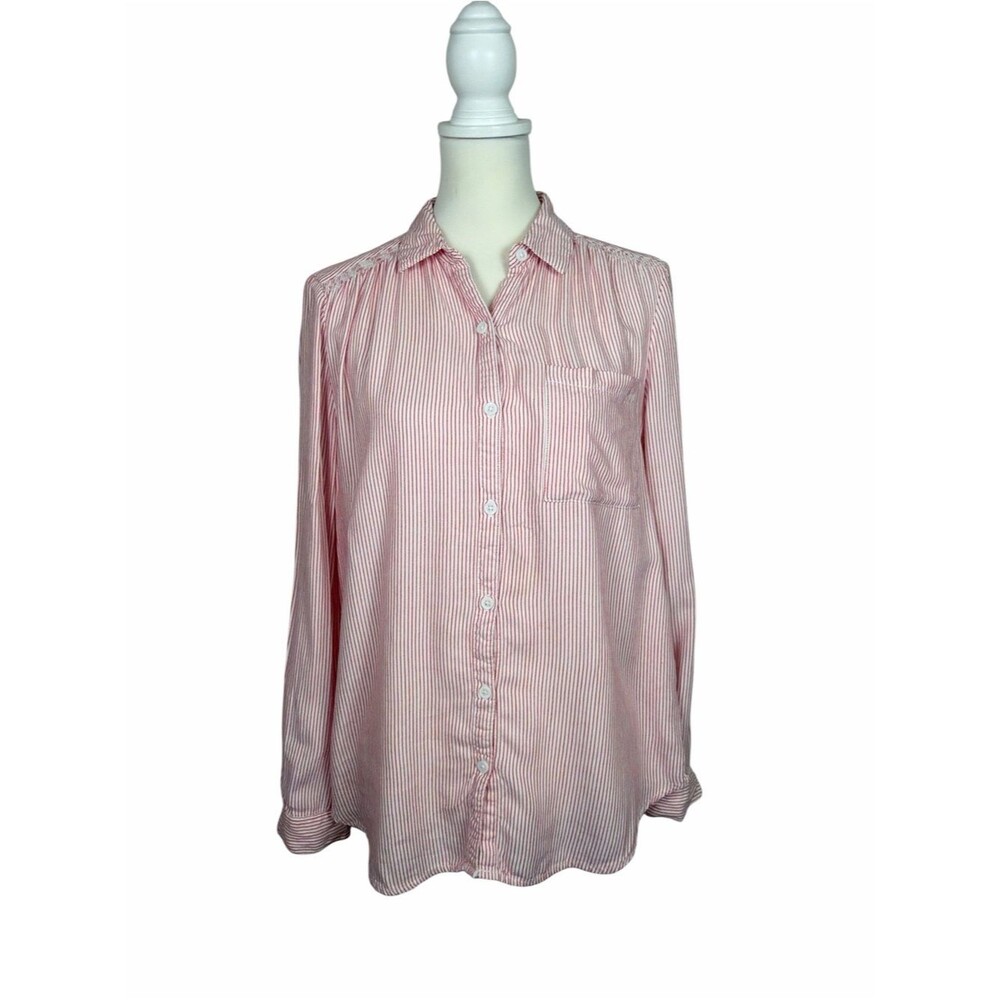 BeachLunchLounge Red White Stripe Button Front Shirt Coastal Casual Beachy